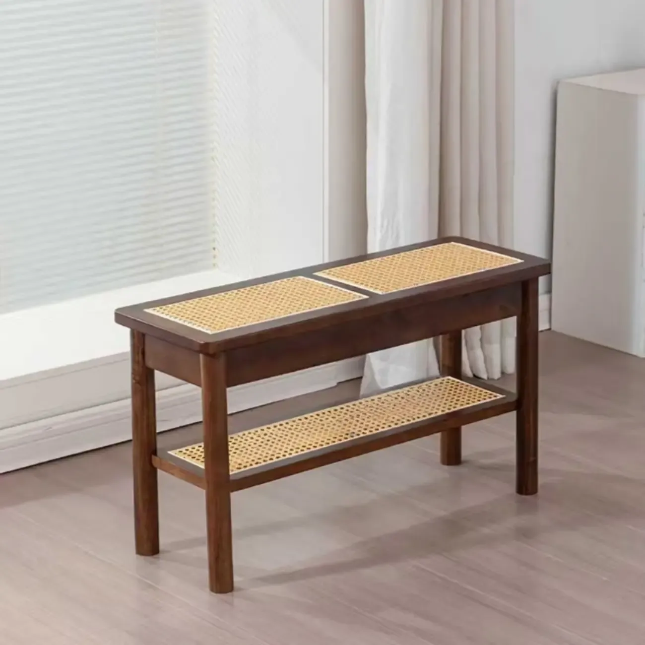 Minimalist Wooden Entryway Cherry Bench with Storage Image - 11