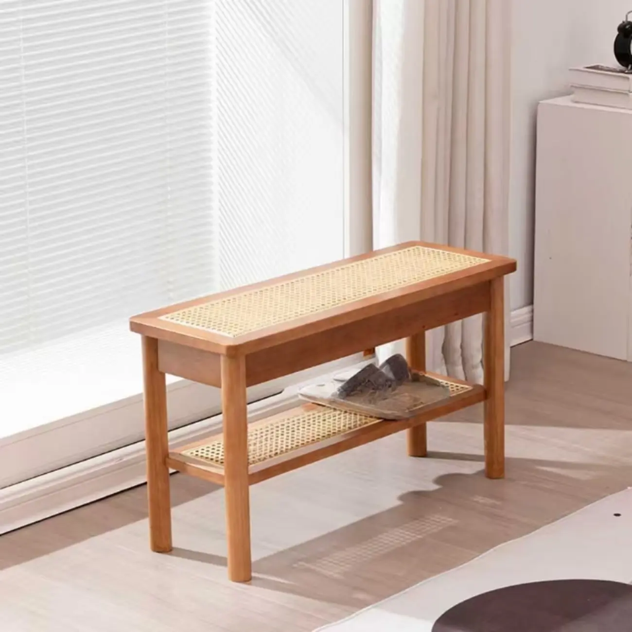 Minimalist Wooden Entryway Cherry Bench with Storage Image - 12 | homeyfad