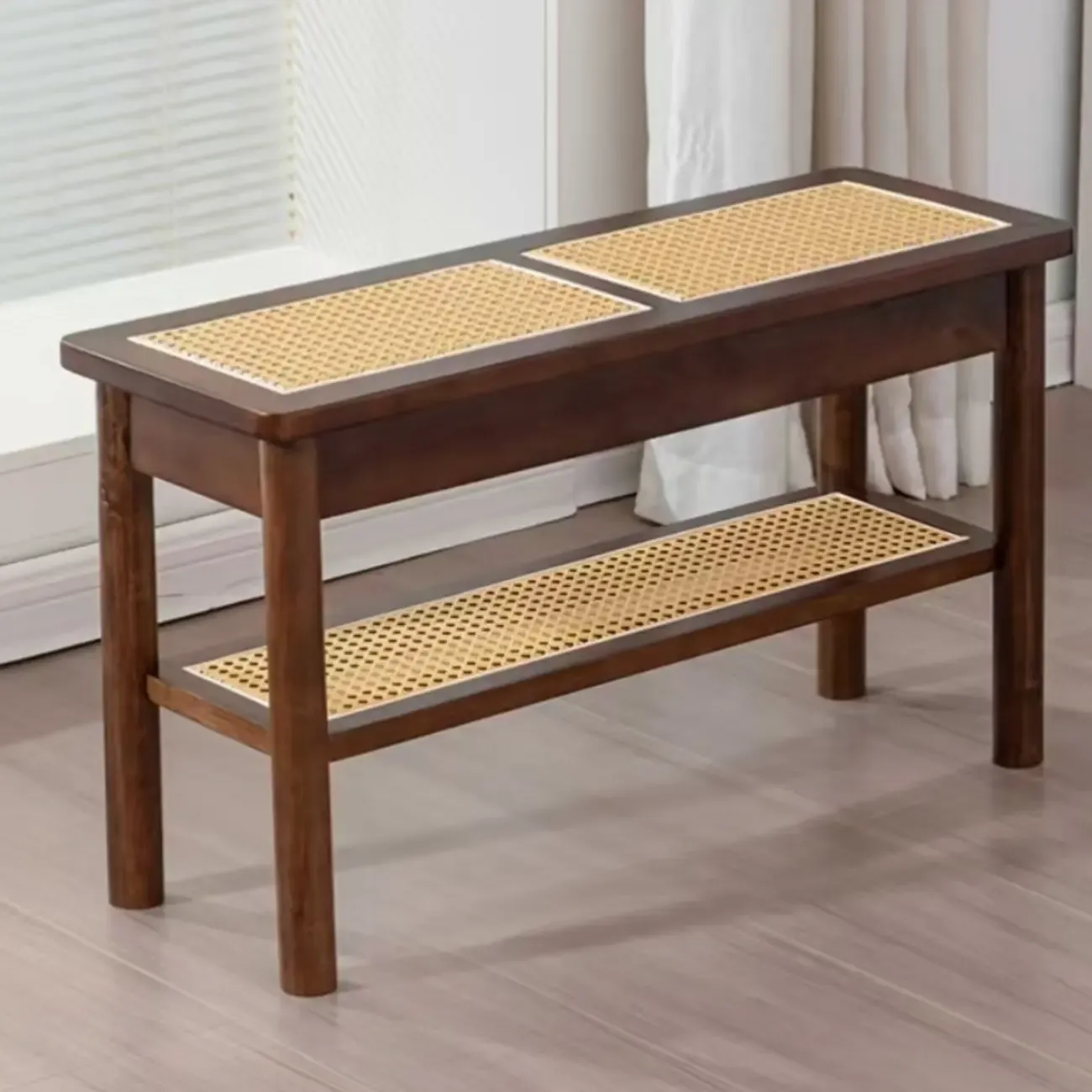 Minimalist Wooden Entryway Cherry Bench with Storage Image - 14