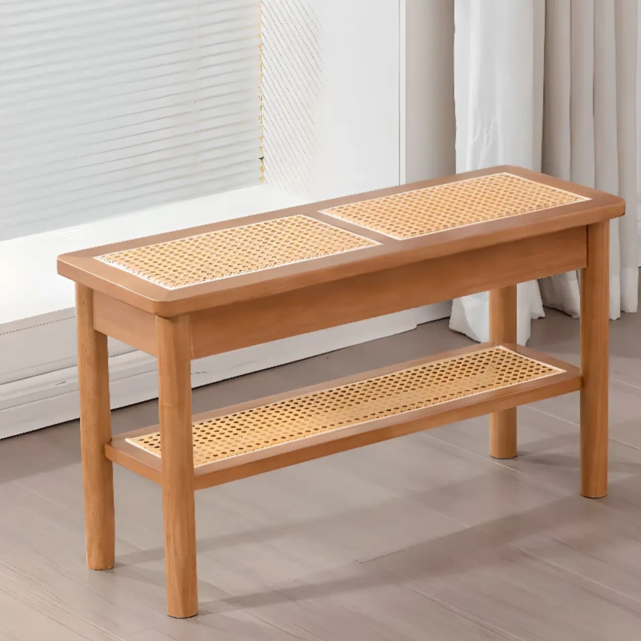 Minimalist Wooden Entryway Cherry Bench with Storage Image - 15