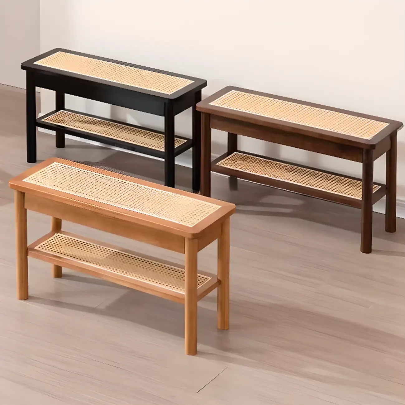 Minimalist Wooden Entryway Cherry Bench with Storage Image - 4