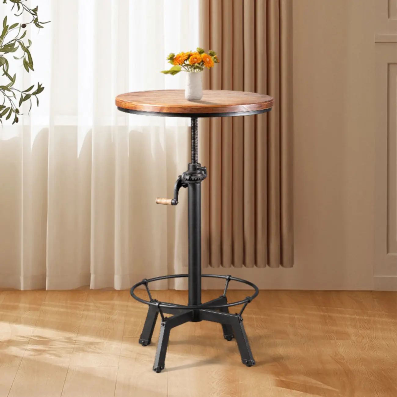Adjustable Height Industrial Wood Iron Pedestal Bar Table Image - 1 | homeyfad