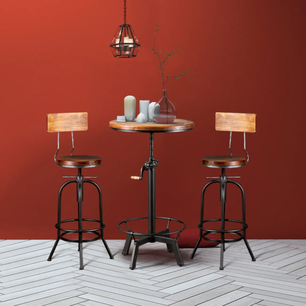 Adjustable Height Industrial Wood Iron Pedestal Bar Table Image - 5 | homeyfad