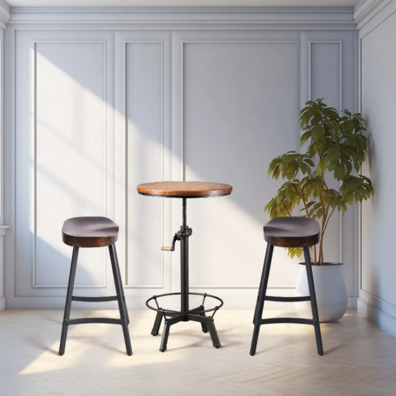 Adjustable Height Industrial Wood Iron Pedestal Bar Table Image - 2 | homeyfad