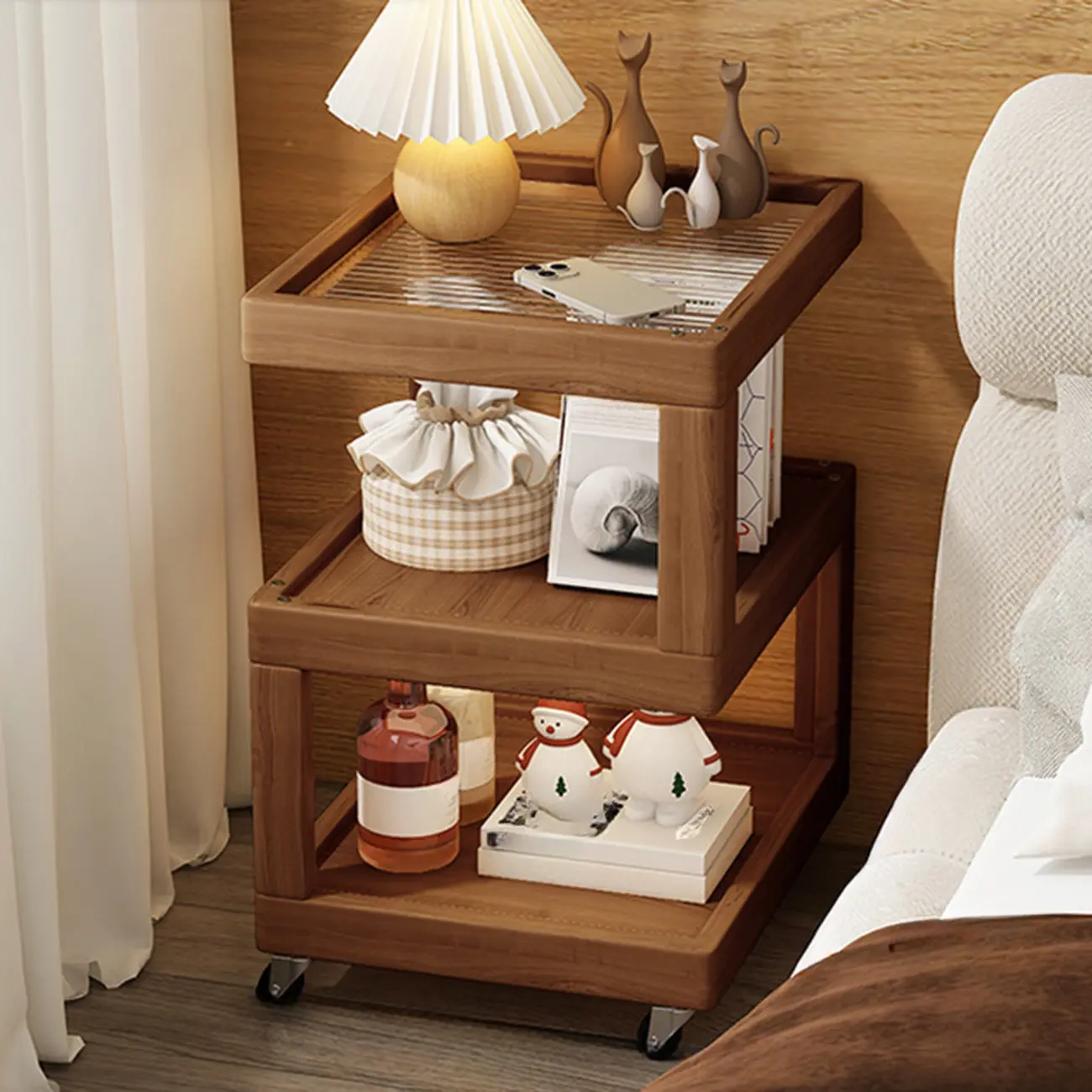 3-Tier Wood Walnut Storage Side Table with Wheels Image - 6 | homeyfad