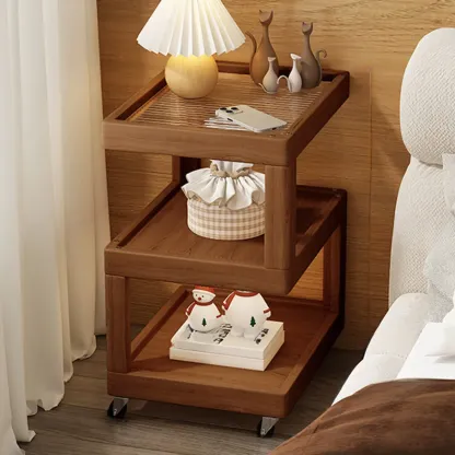 3-Tier Wood Walnut Storage Side Table with Wheels Image - 5