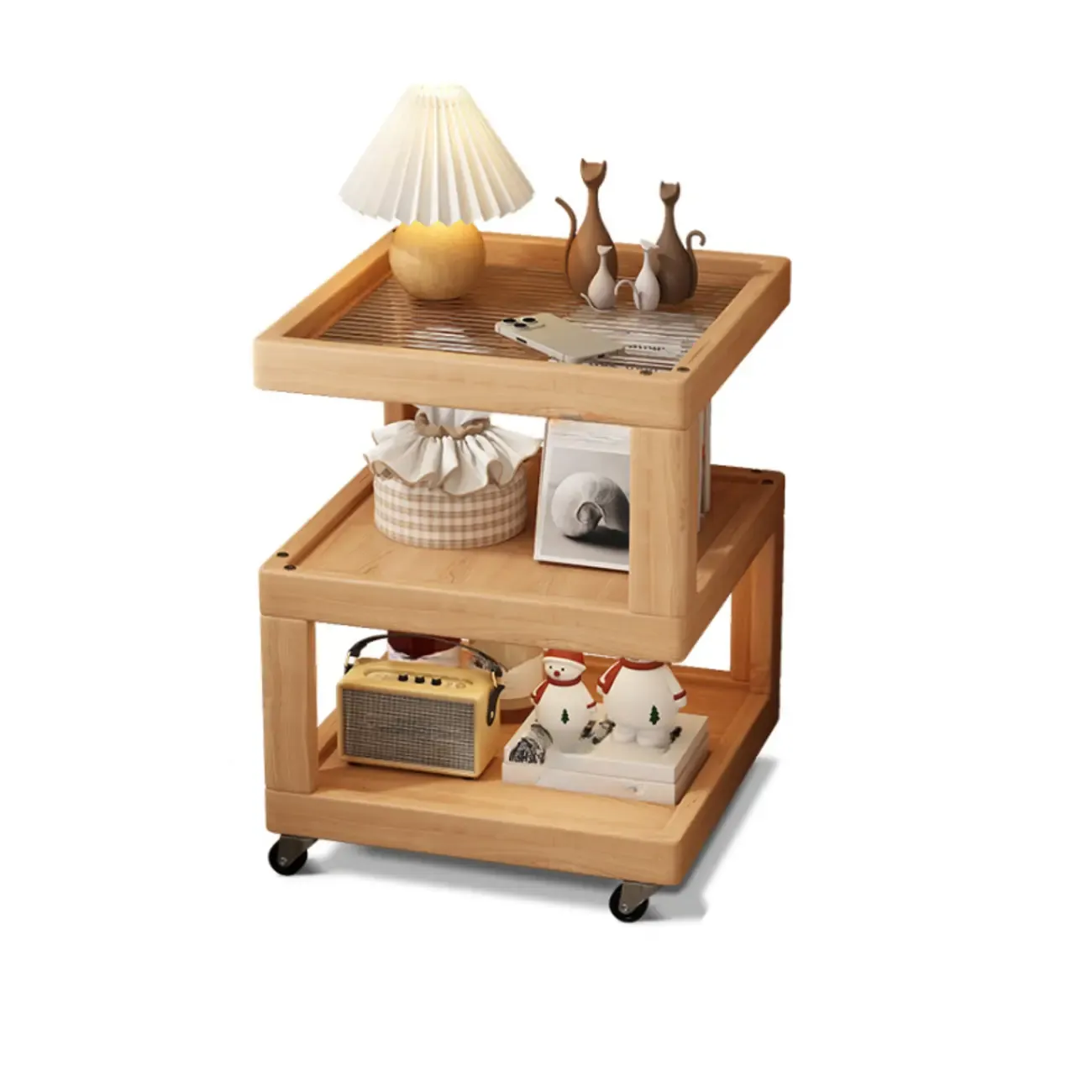 3-Tier Wood Walnut Storage Side Table with Wheels Image - 15