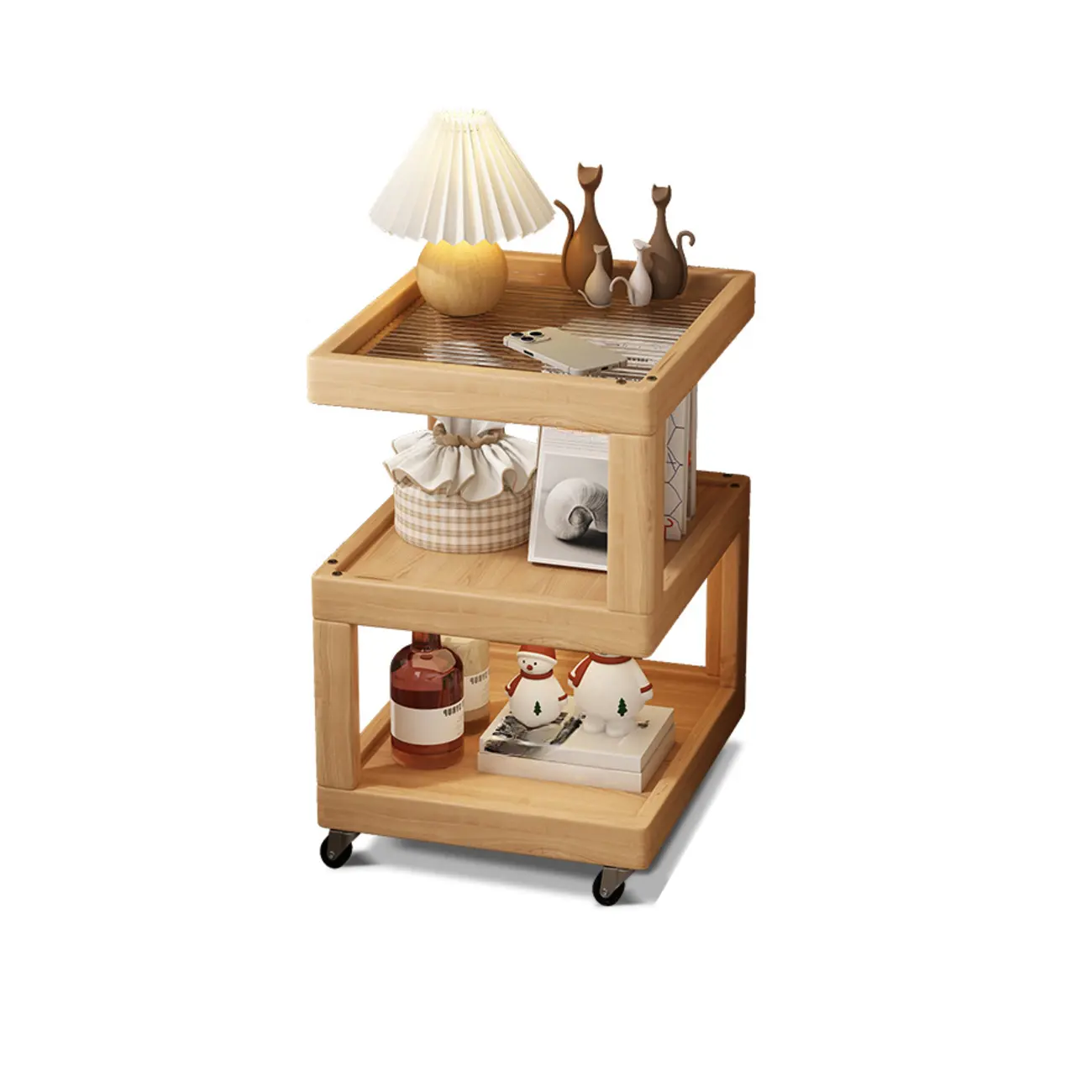 3-Tier Wood Walnut Storage Side Table with Wheels Image - 16 | homeyfad