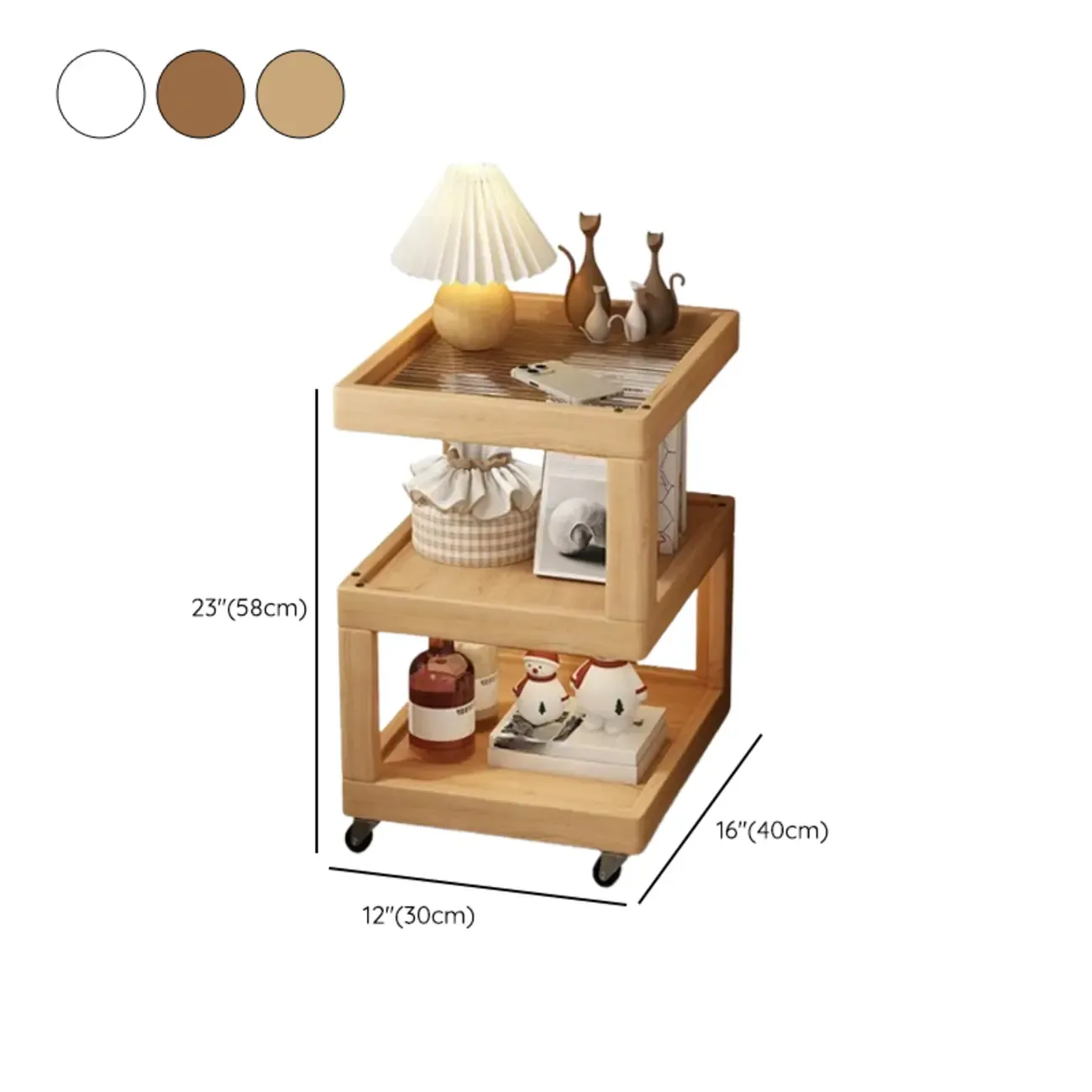 3-Tier Wood Walnut Storage Side Table with Wheels #size