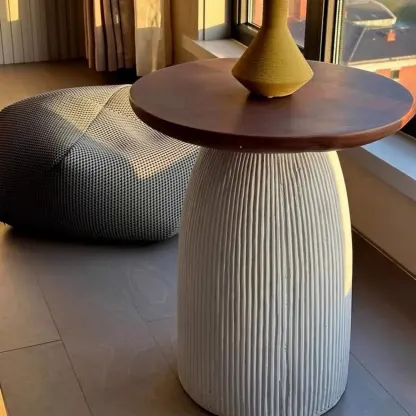 Living Room Brown Round MgO Pedestal End Table Image - 2