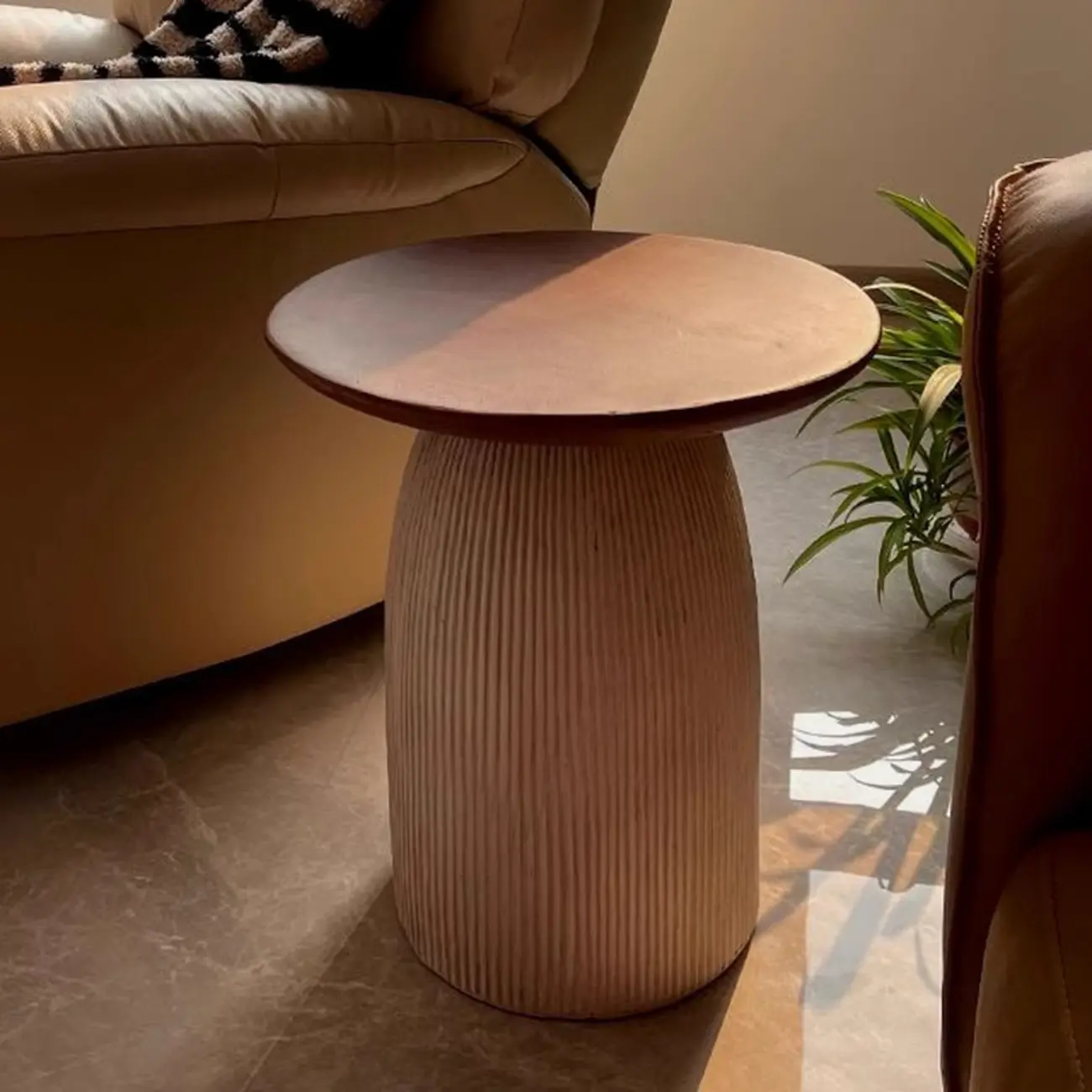 Living Room Brown Round MgO Pedestal End Table Image - 4 | homeyfad