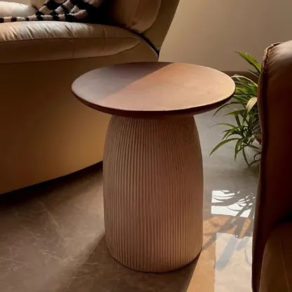 Living Room Brown Round MgO Pedestal End Table Image - 4