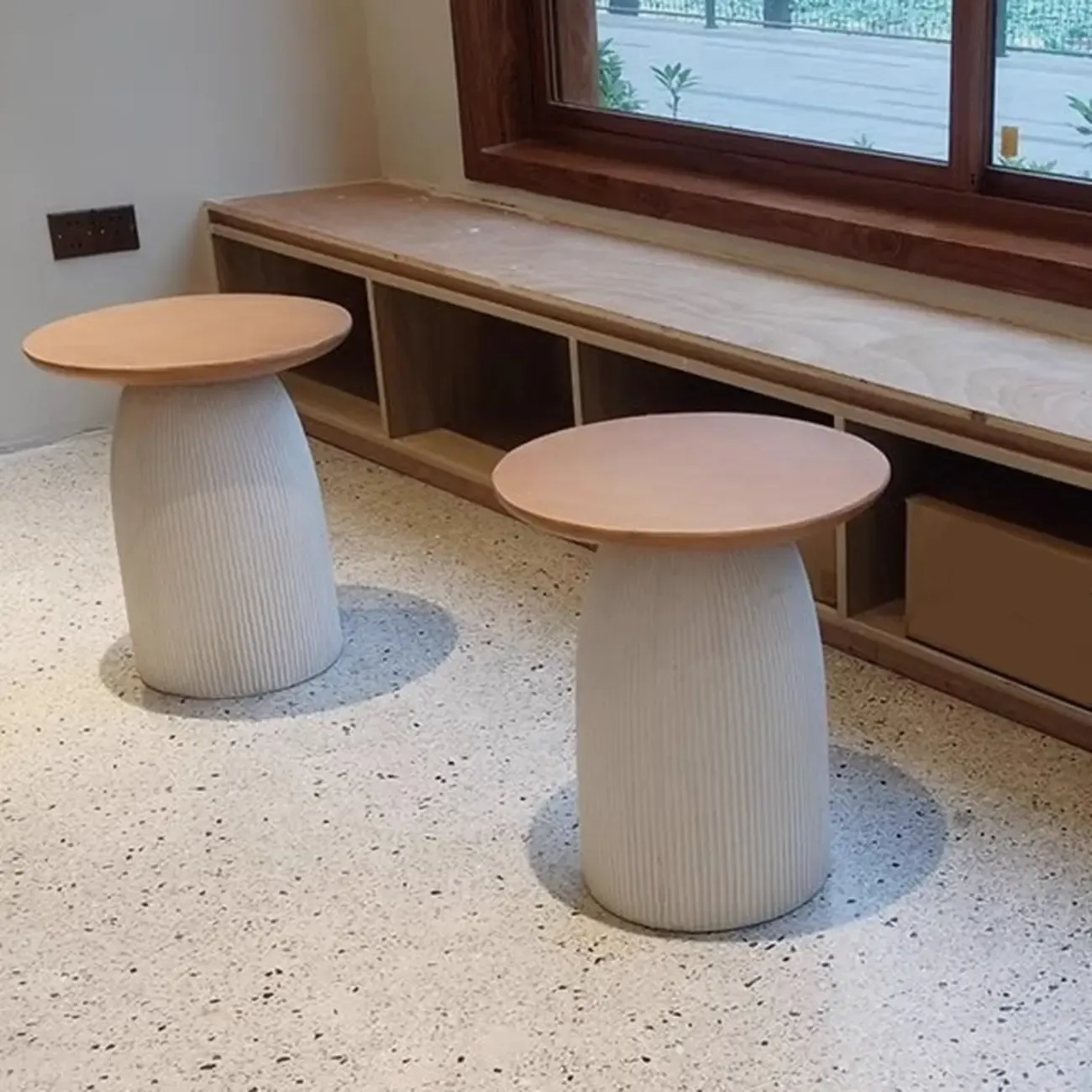 Living Room Brown Round MgO Pedestal End Table Image - 5