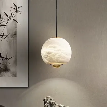 Nordic Stone and Metal Spherical Hanging Pendant Light Image - 2