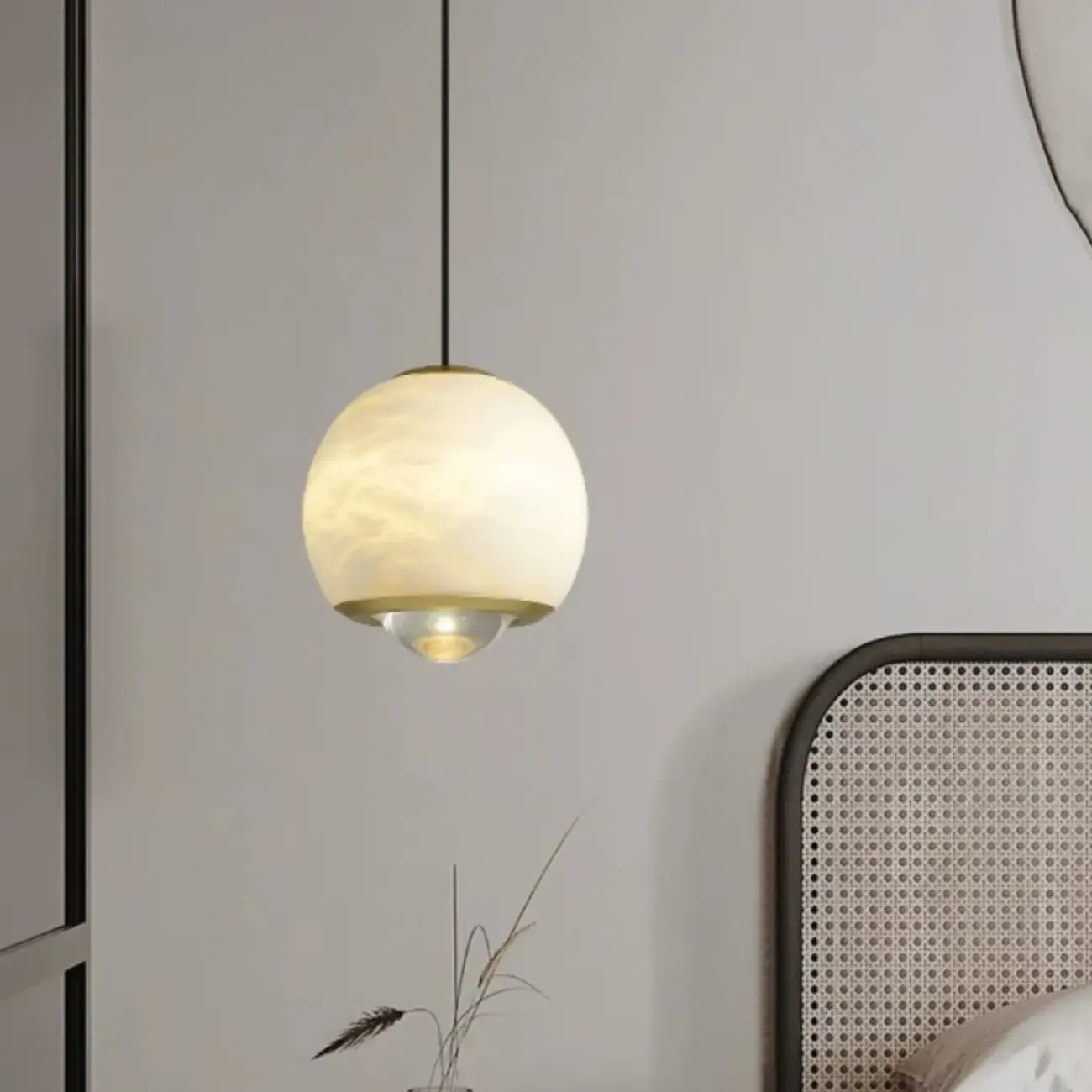 Nordic Stone and Metal Spherical Hanging Pendant Light Image - 5