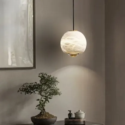 Nordic Stone and Metal Spherical Hanging Pendant Light Image - 4