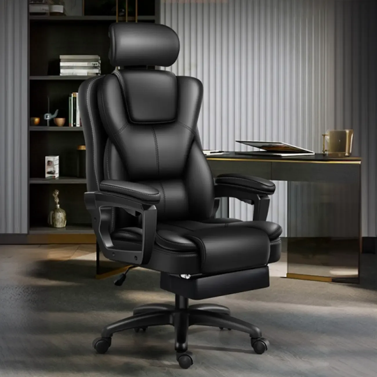 Ergonomic Black Leather Reclining Office Chair Image - 1