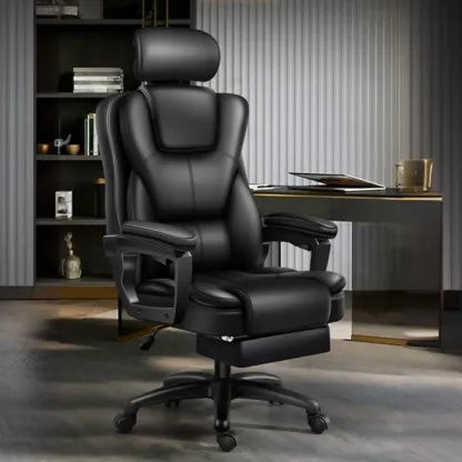 Ergonomic Black Leather Reclining Office Chair Image - 1