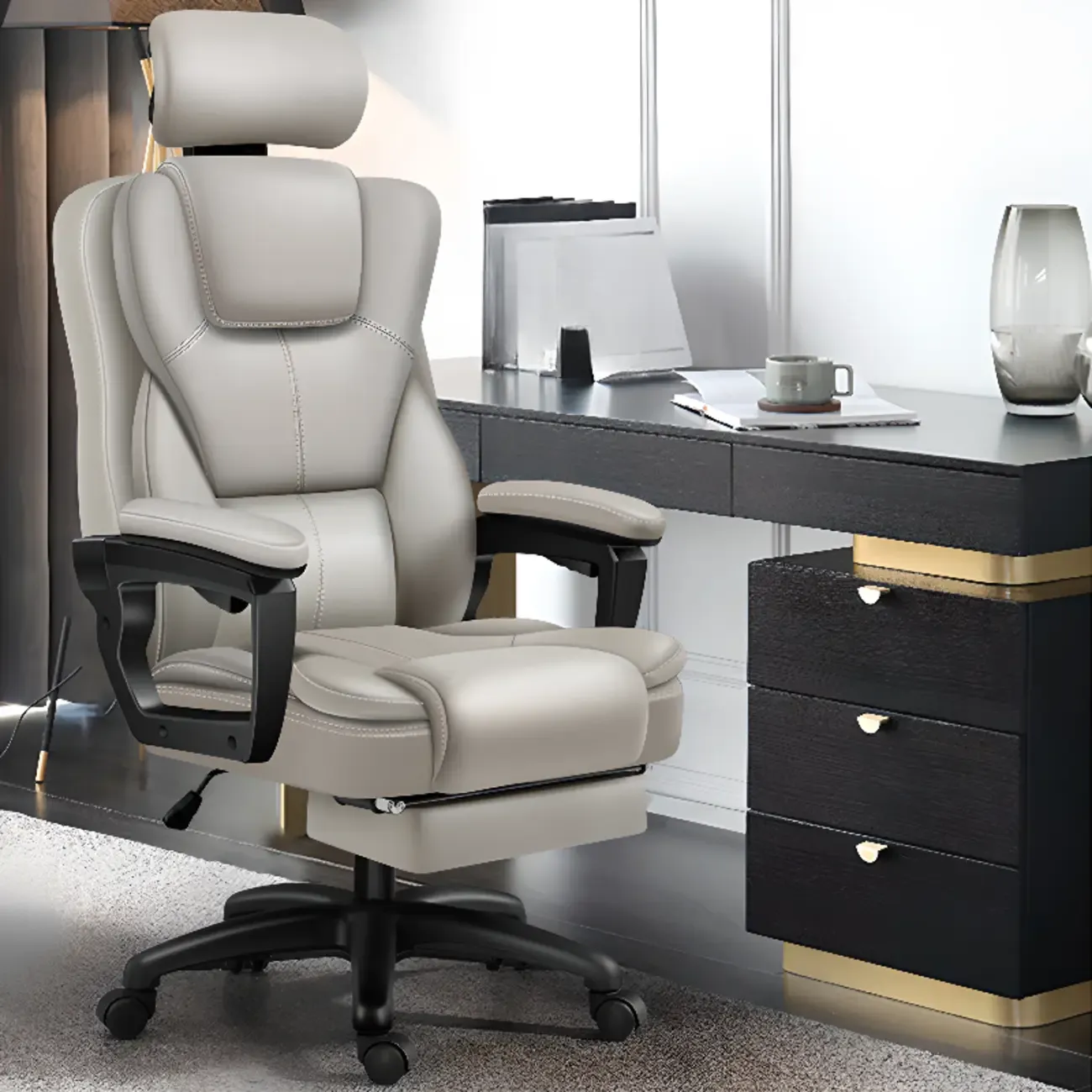 Ergonomic Black Leather Reclining Office Chair Image - 2
