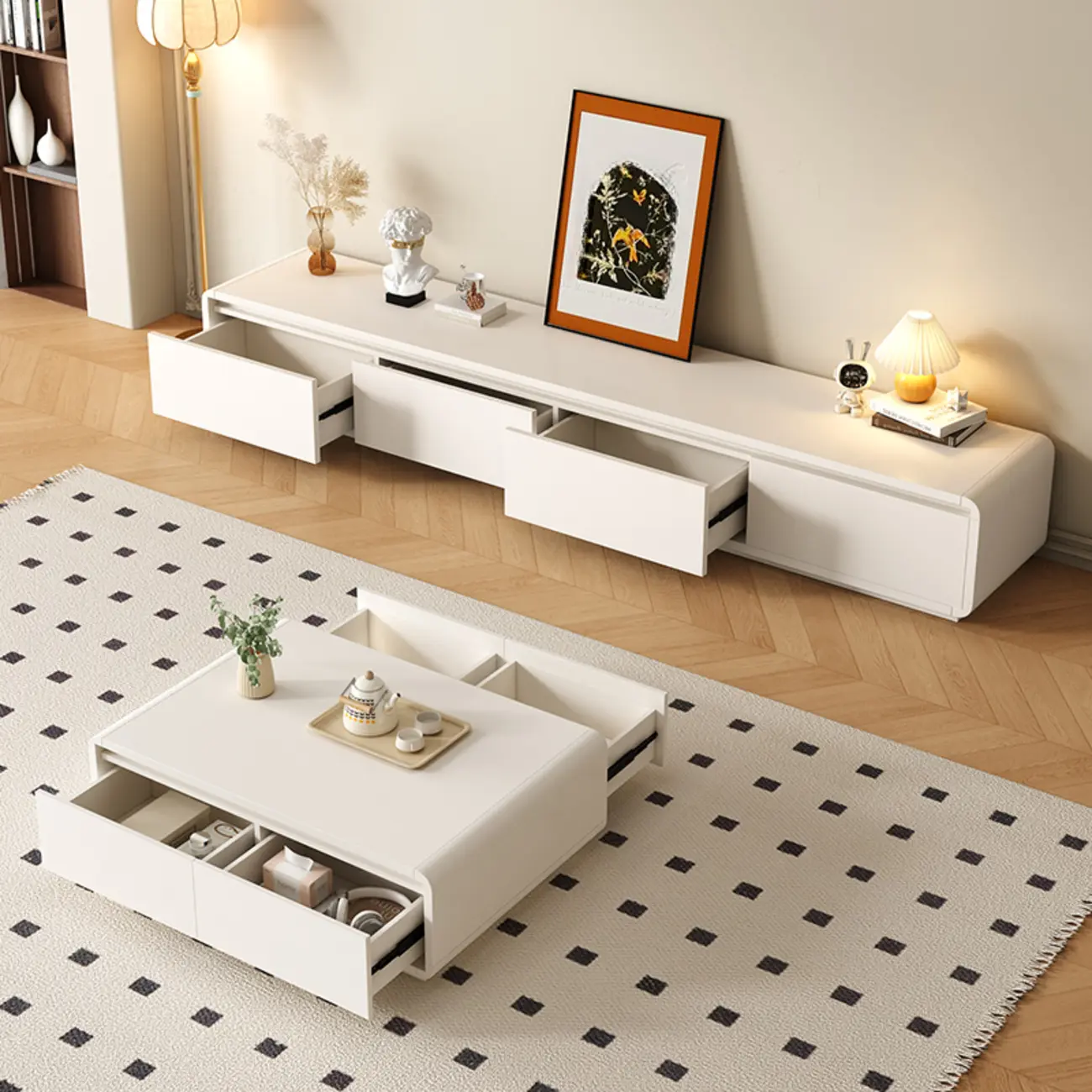 Modern White Wooden Legless TV Stand with Cable Management Image - 1 | homeyfad