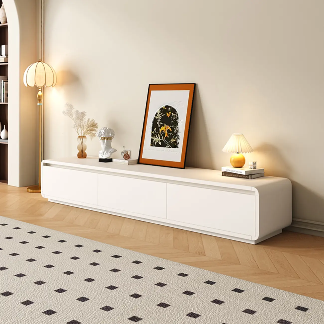 Modern White Wooden Legless TV Stand with Cable Management Image - 2 | homeyfad