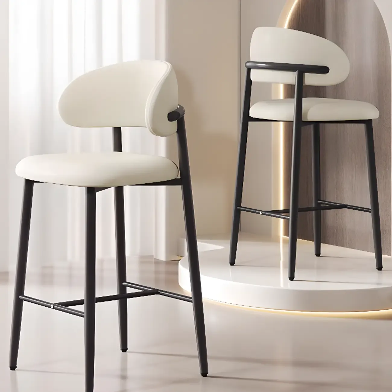 Modern Off-White Leather Curved Back Counter Bar Stools Image - 1