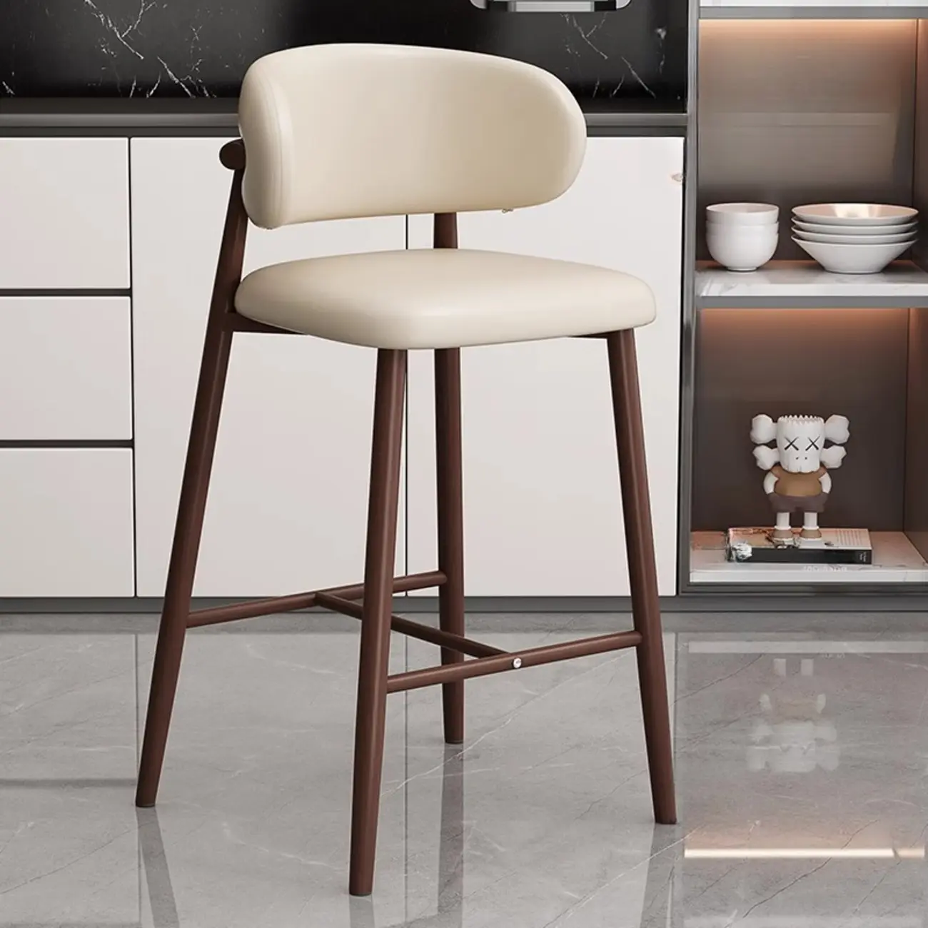 Modern Off-White Leather Curved Back Counter Bar Stools Image - 7 | homeyfad