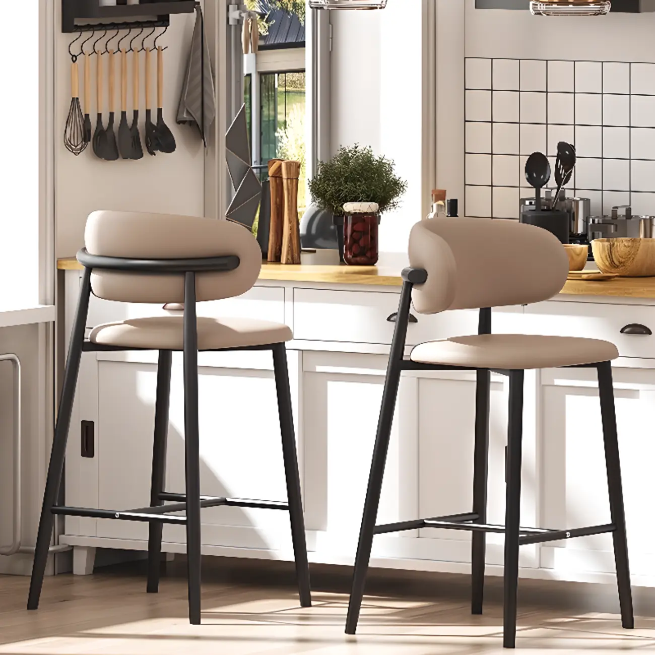 Modern Off-White Leather Curved Back Counter Bar Stools Image - 2 | homeyfad