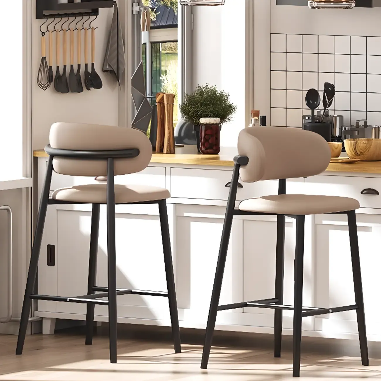Modern Off-White Leather Curved Back Counter Bar Stools Image - 2
