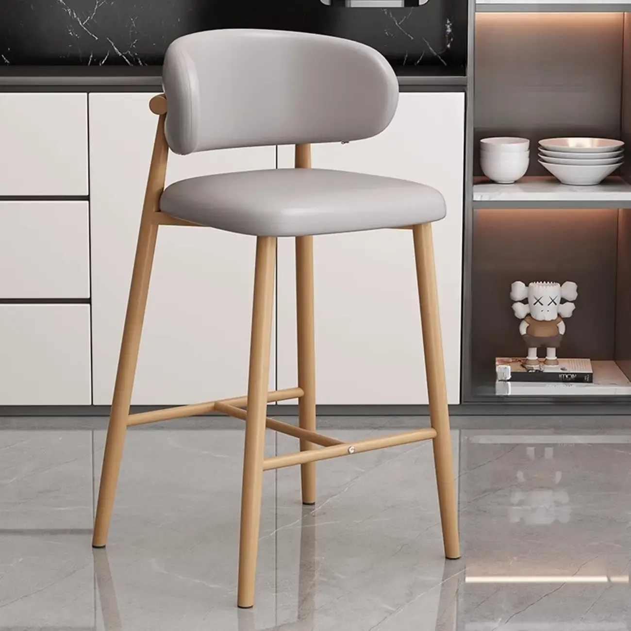 Modern Off-White Leather Curved Back Counter Bar Stools Image - 8
