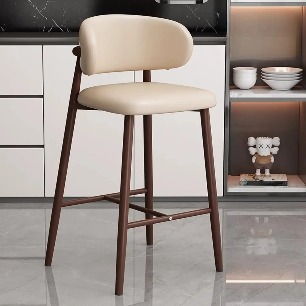 Modern Off-White Leather Curved Back Counter Bar Stools Image - 9