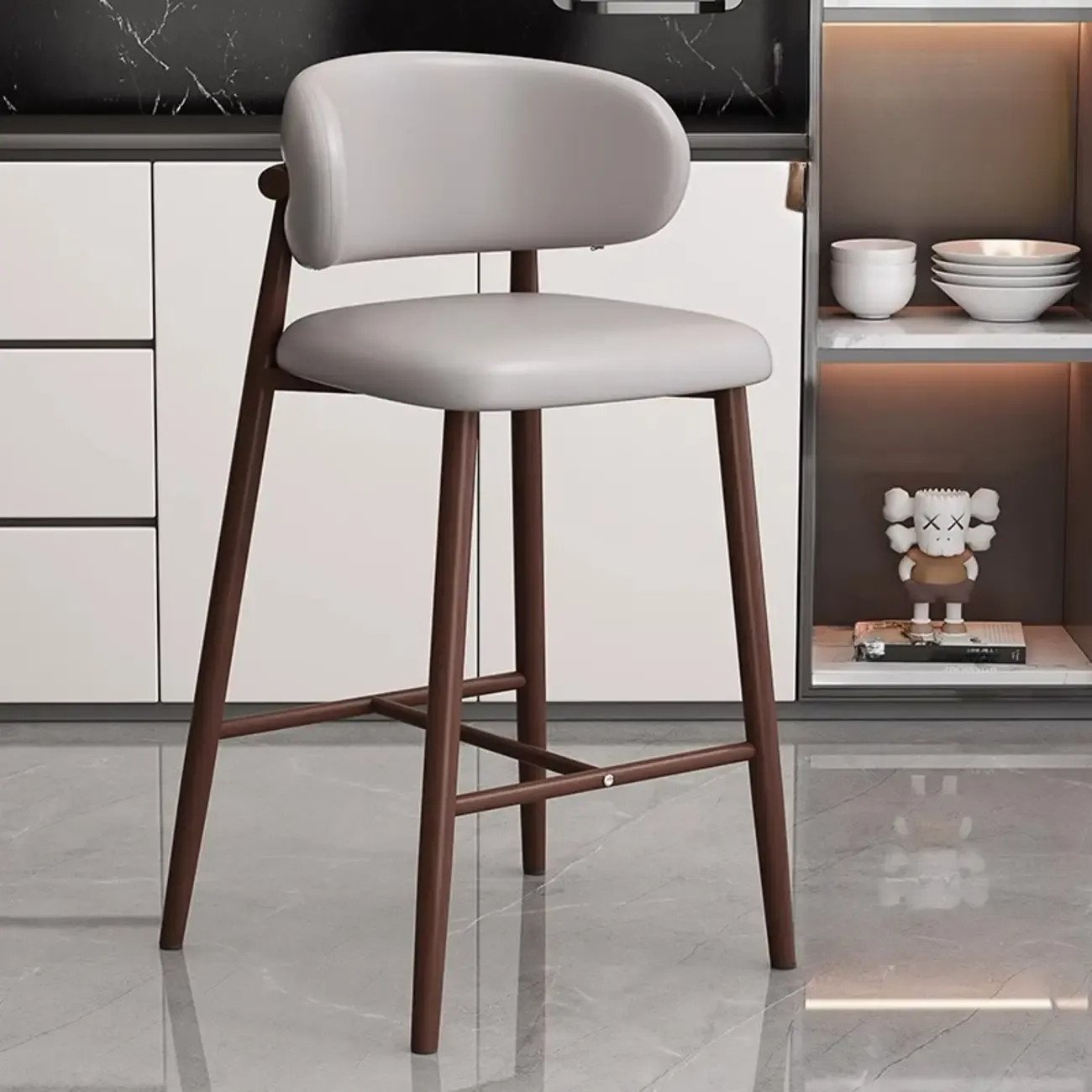 Modern Off-White Leather Curved Back Counter Bar Stools Image - 11