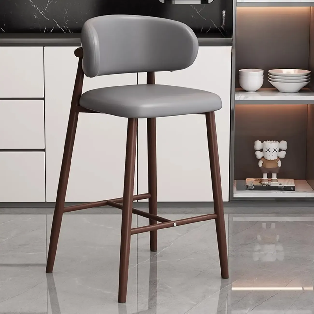 Modern Off-White Leather Curved Back Counter Bar Stools Image - 12