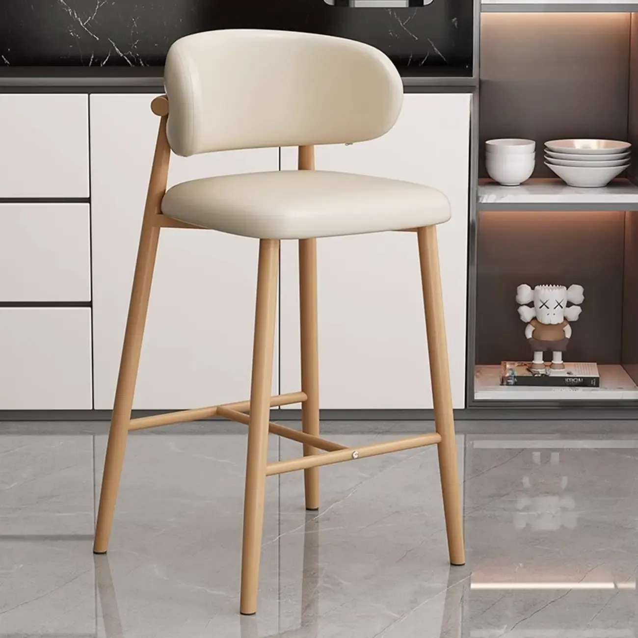 Modern Off-White Leather Curved Back Counter Bar Stools Image - 13