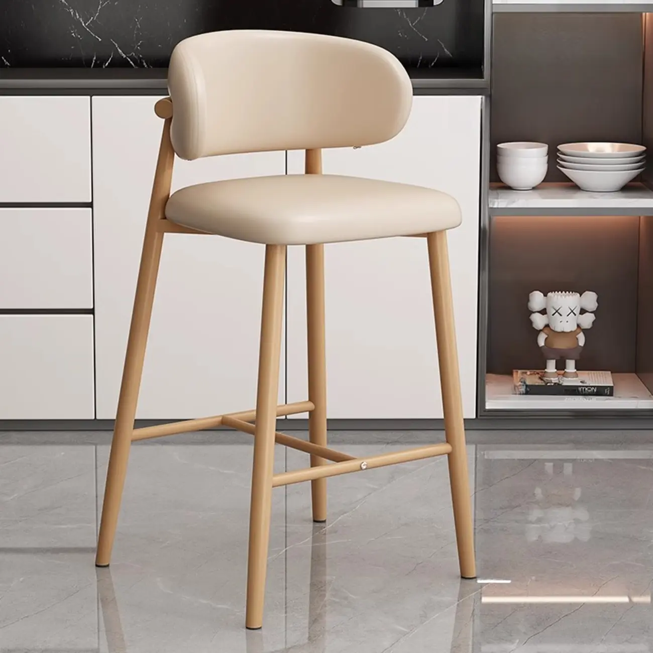Modern Off-White Leather Curved Back Counter Bar Stools Image - 14 | homeyfad