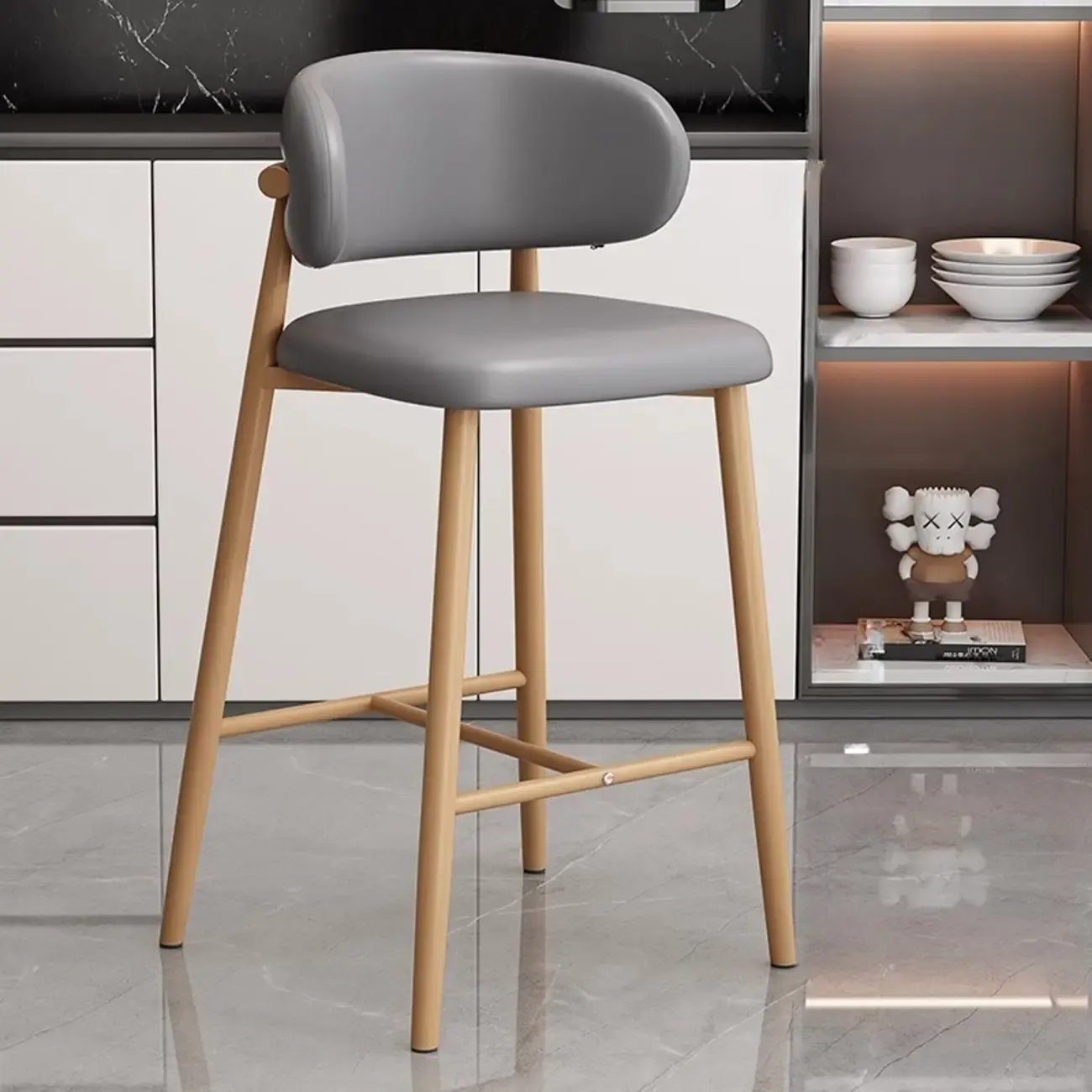 Modern Off-White Leather Curved Back Counter Bar Stools Image - 16