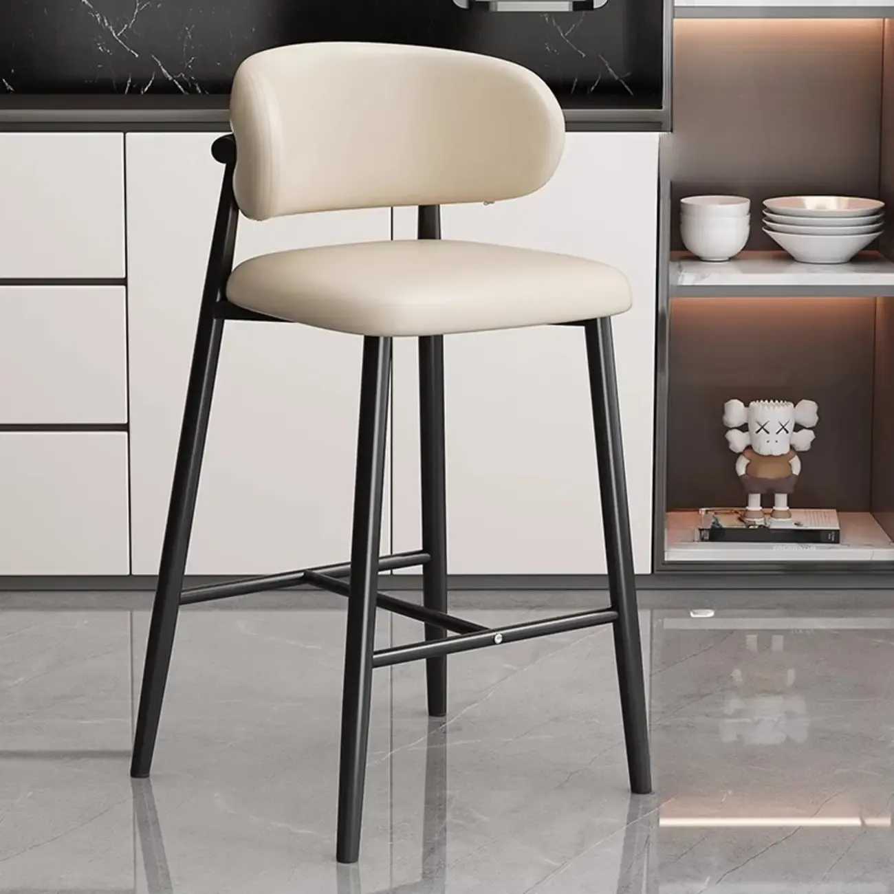 Modern Off-White Leather Curved Back Counter Bar Stools Image - 17