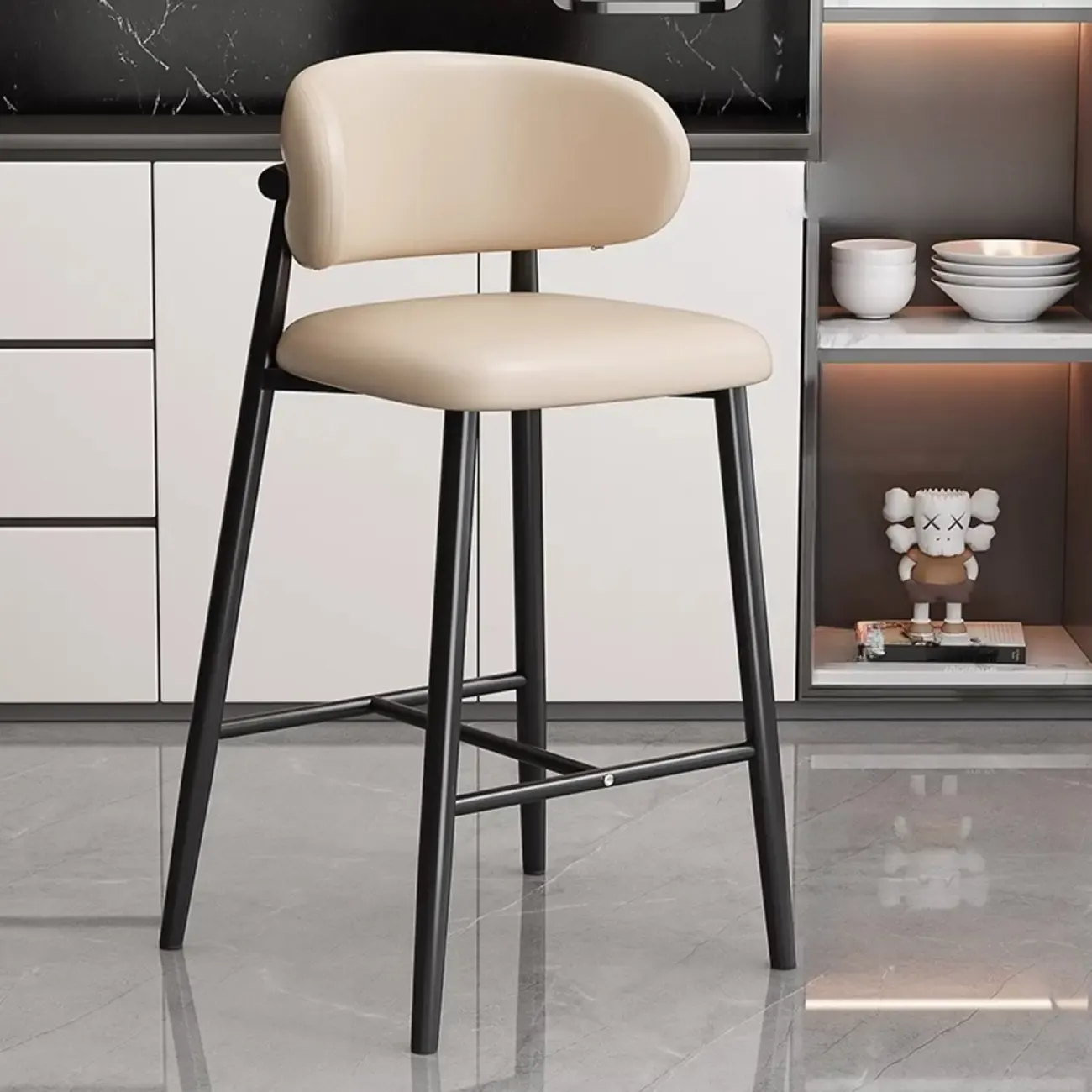 Modern Off-White Leather Curved Back Counter Bar Stools Image - 18