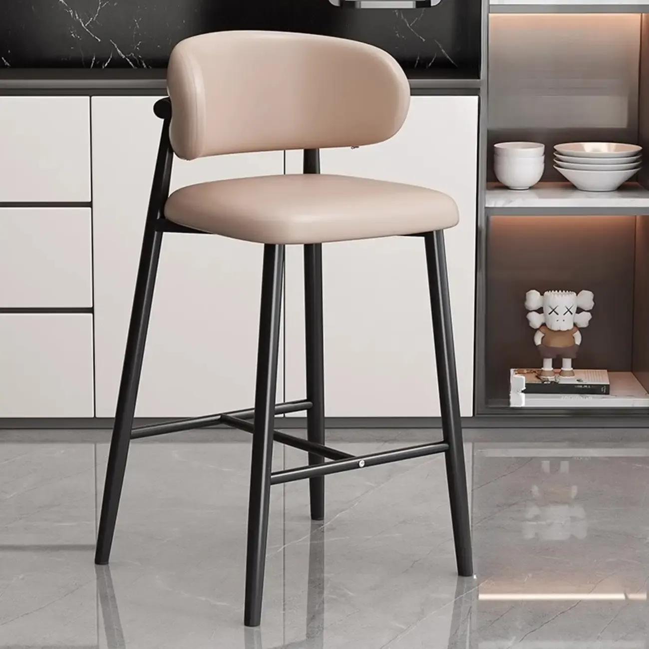 Modern Off-White Leather Curved Back Counter Bar Stools Image - 19