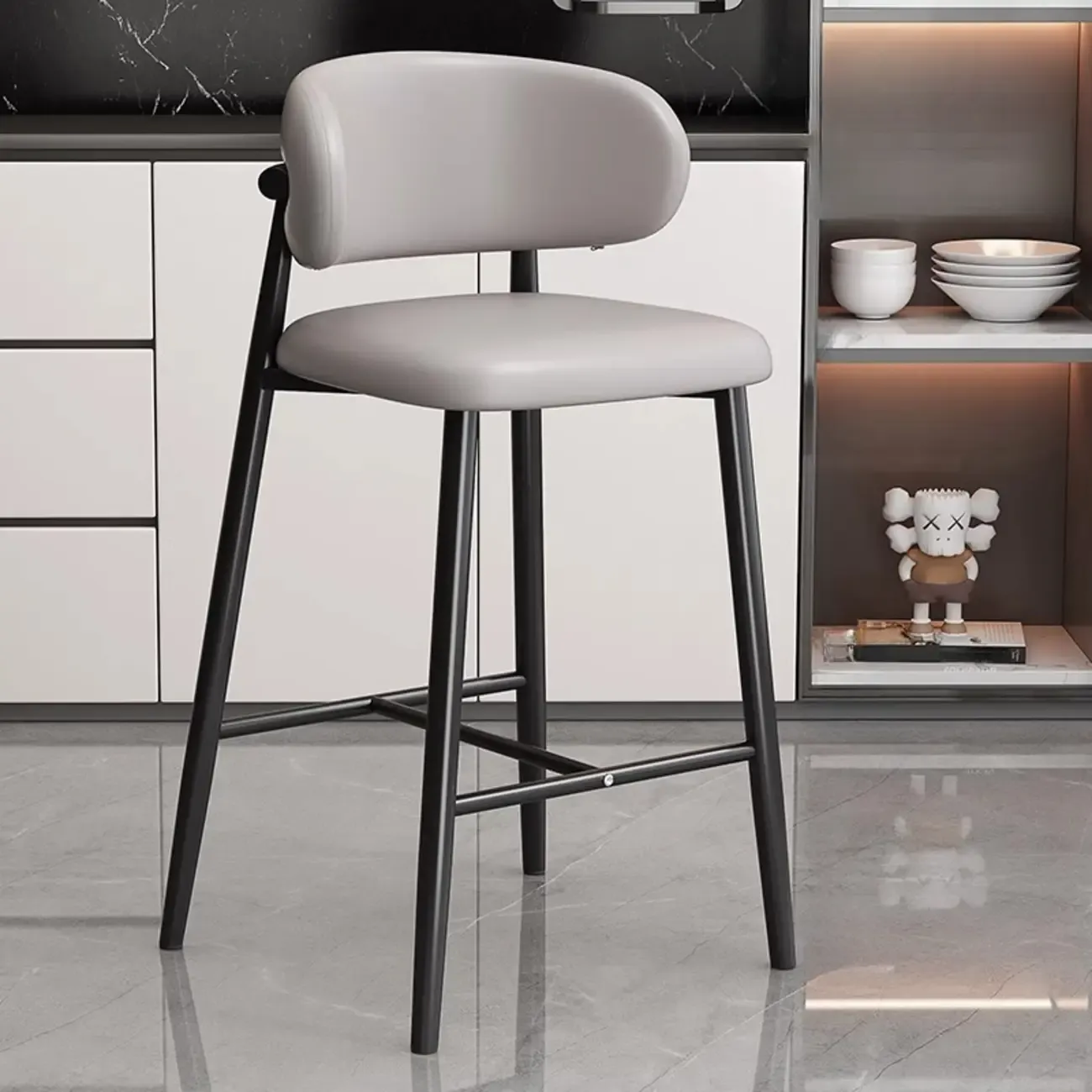 Modern Off-White Leather Curved Back Counter Bar Stools Image - 20