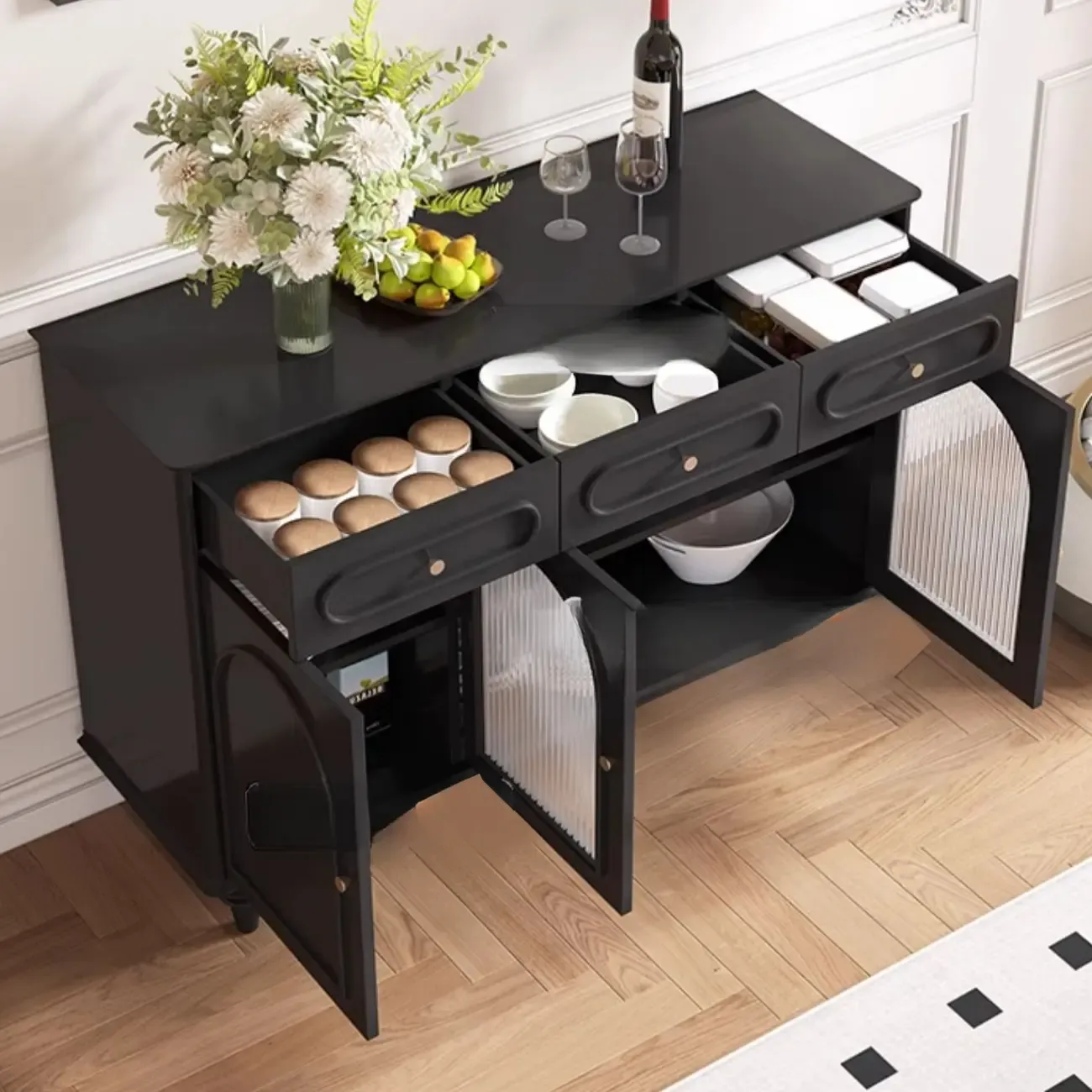 Vintage Midnight Black Wood Storage Sideboard Image - 2