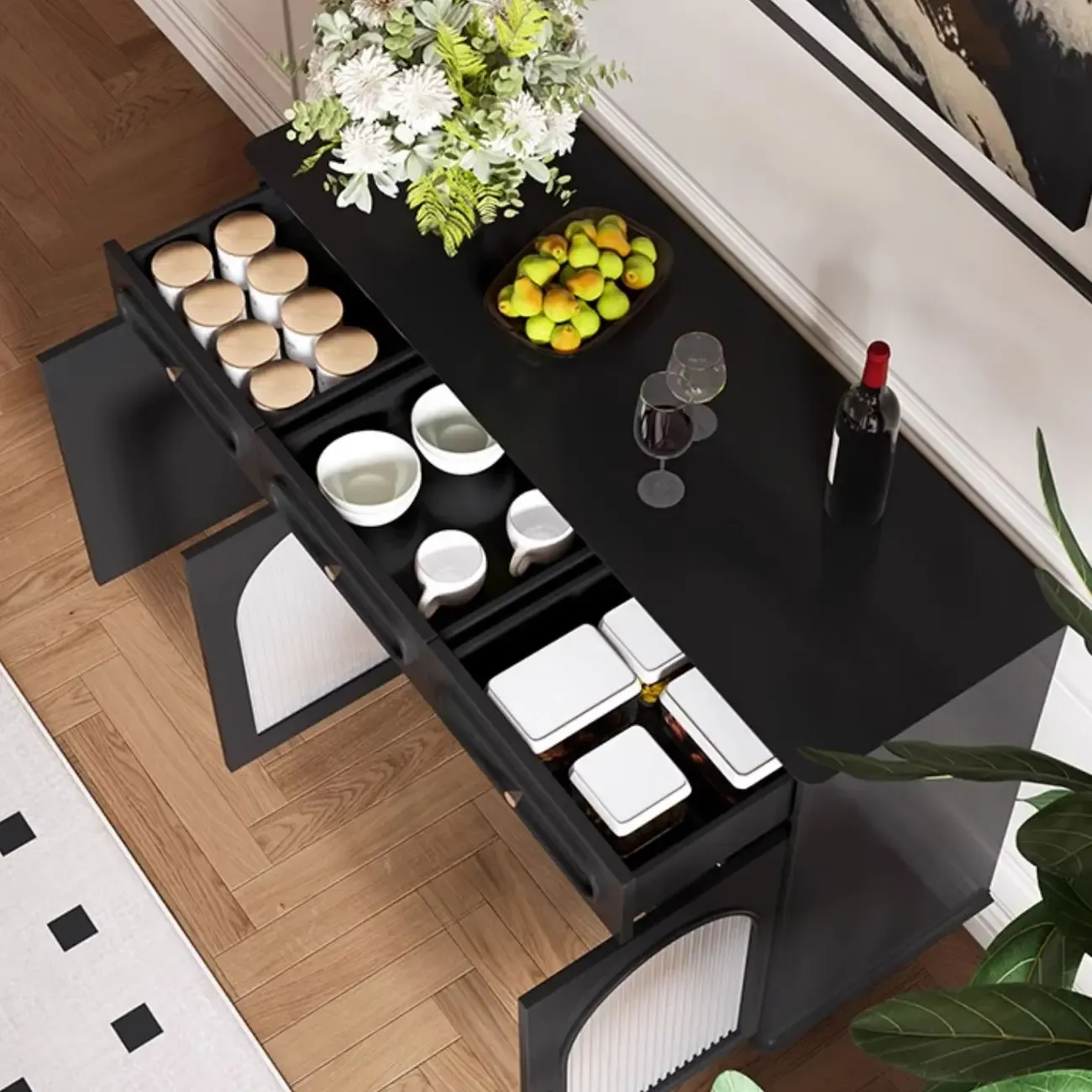 Vintage Midnight Black Wood Storage Sideboard Image - 4