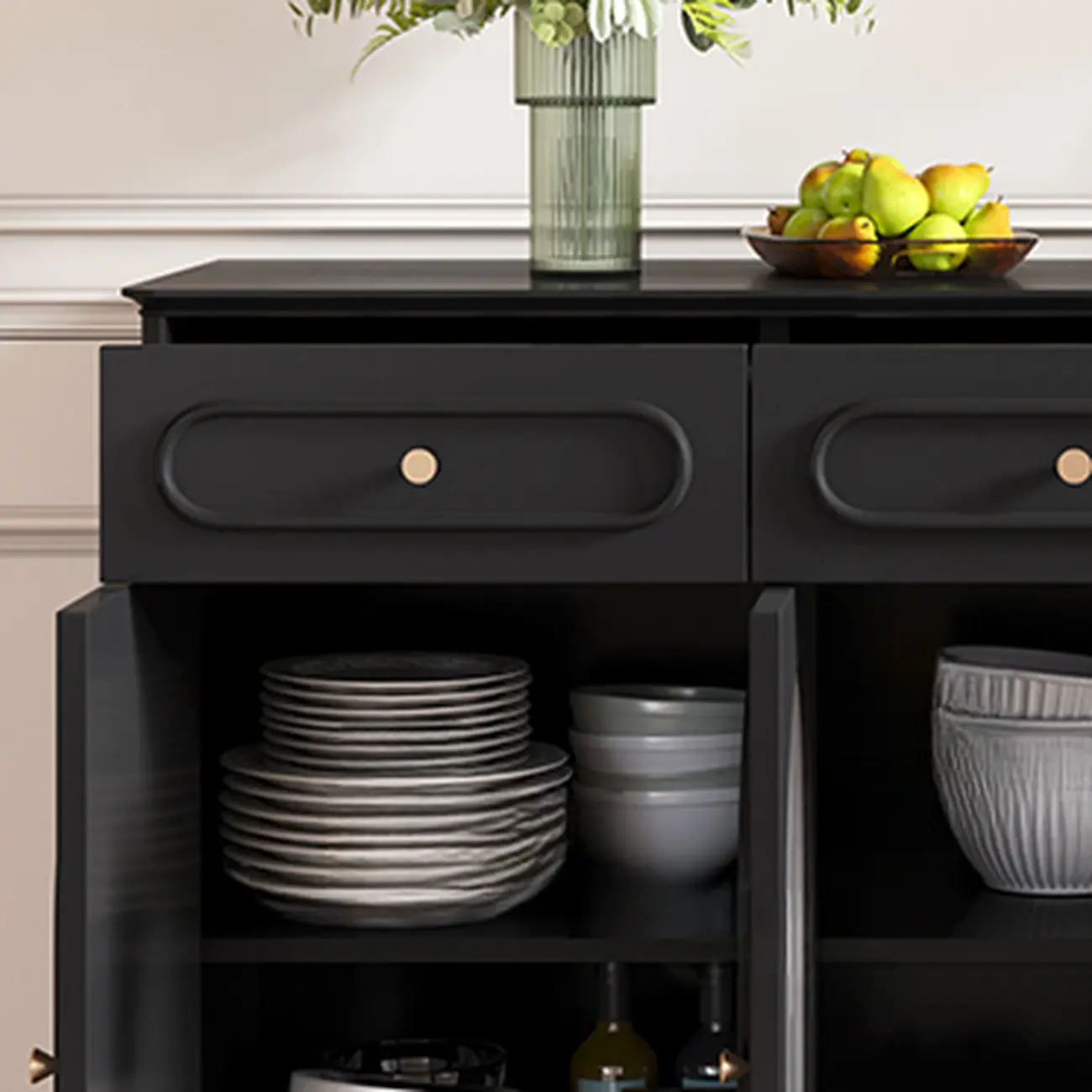 Vintage Midnight Black Wood Storage Sideboard Image - 9 | homeyfad