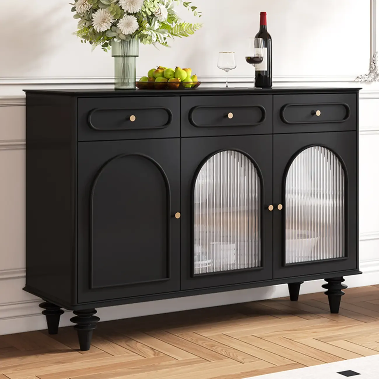Vintage Midnight Black Wood Storage Sideboard Image - 1