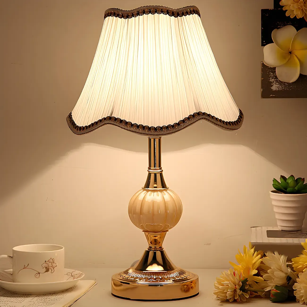 Elegant Classic Metal Table Lamp with Fabric Shade Image - 1