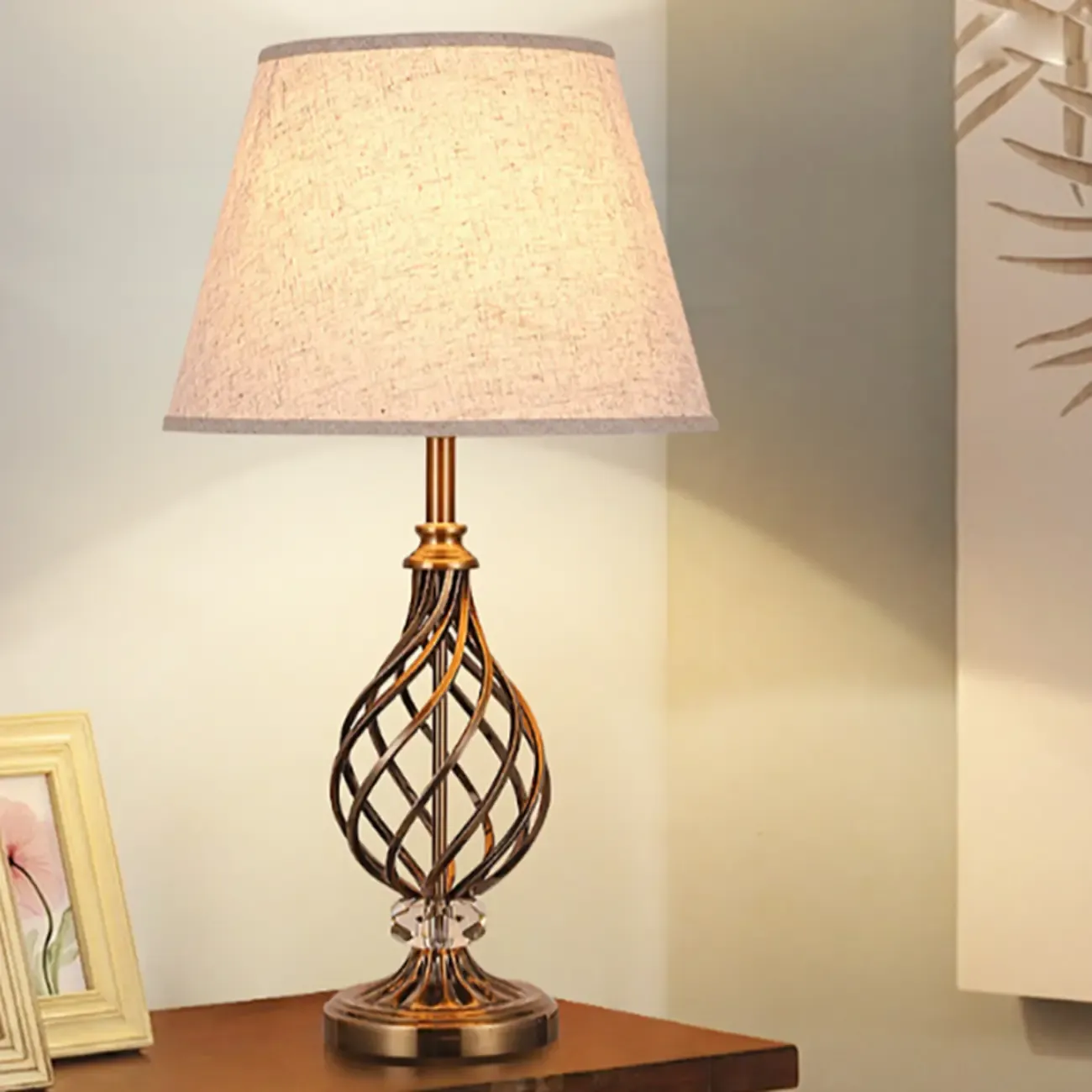 Geometric Fabric LED Bedside Table Lamp Antique Brass Base Image - 1