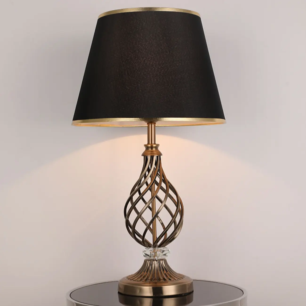 Geometric Fabric LED Bedside Table Lamp Antique Brass Base Image - 3 | homeyfad