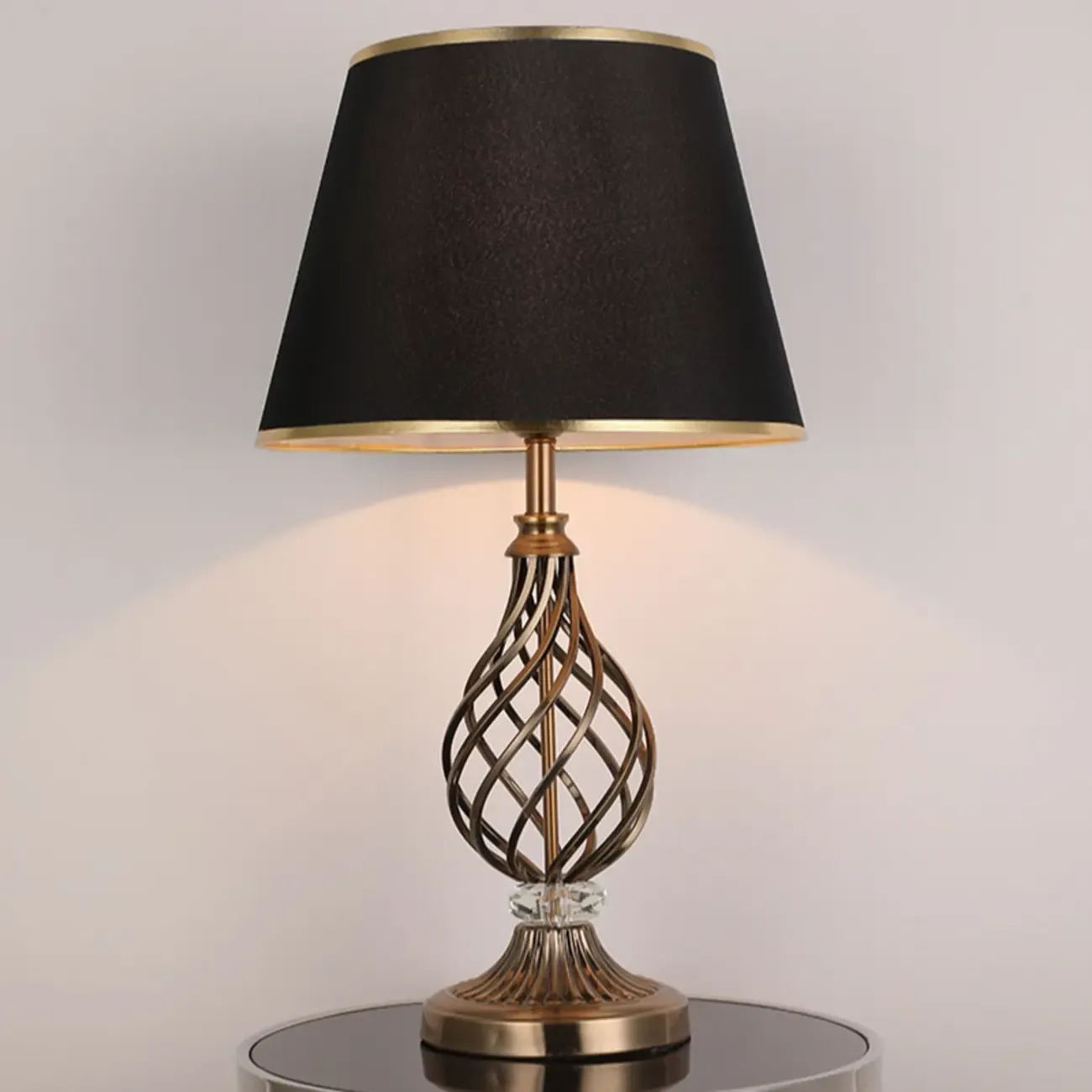 Geometric Fabric LED Bedside Table Lamp Antique Brass Base Image - 3