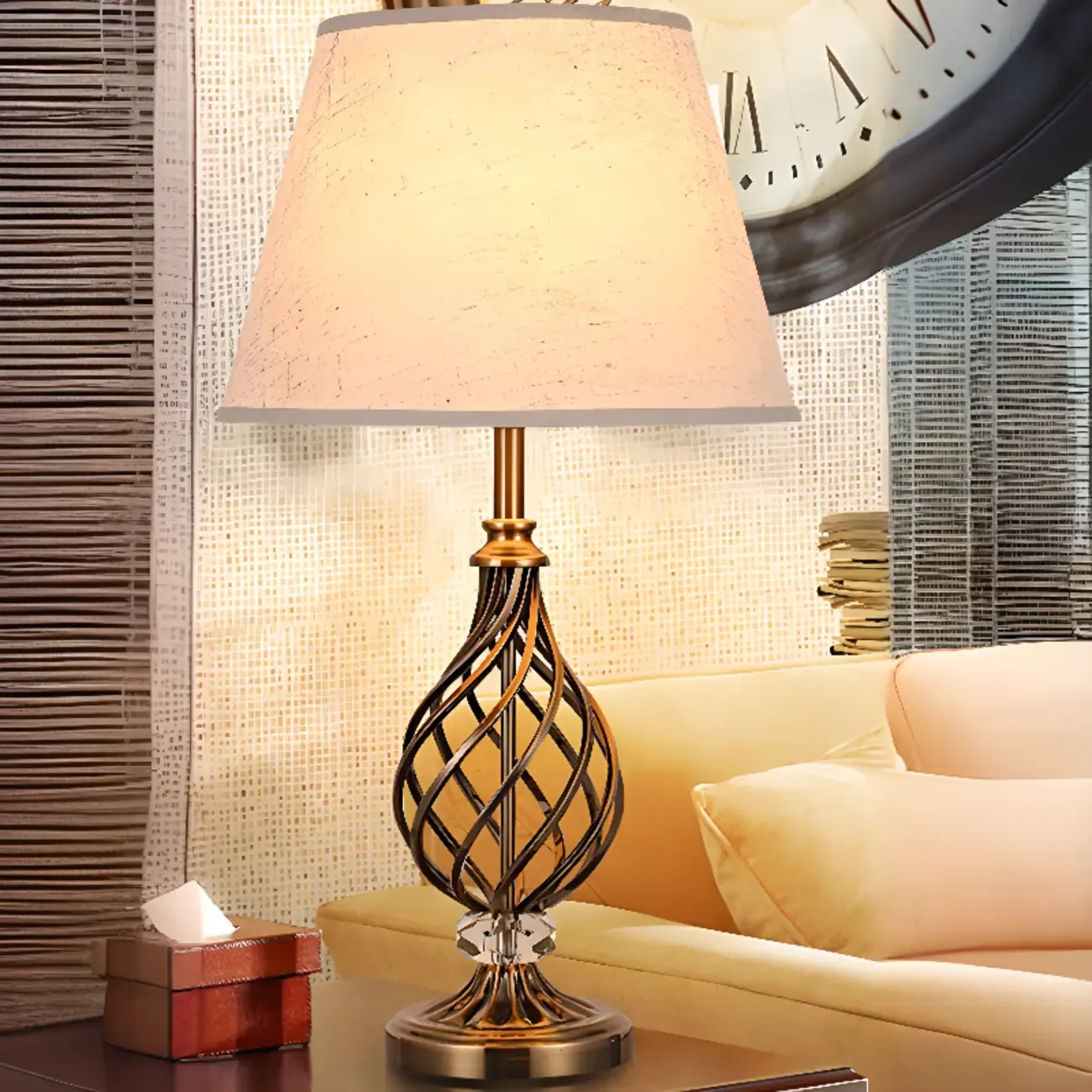 Geometric Fabric LED Bedside Table Lamp Antique Brass Base Image - 2