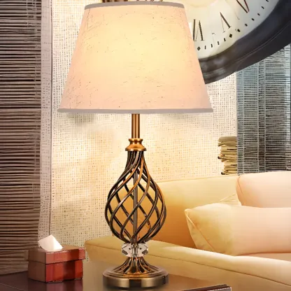 Geometric Fabric LED Bedside Table Lamp Antique Brass Base Image - 2